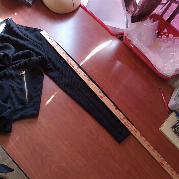 Premise Blazer Women's Size Medium Open Front Black Gold Zipper Pockets - Picture 10 of 14